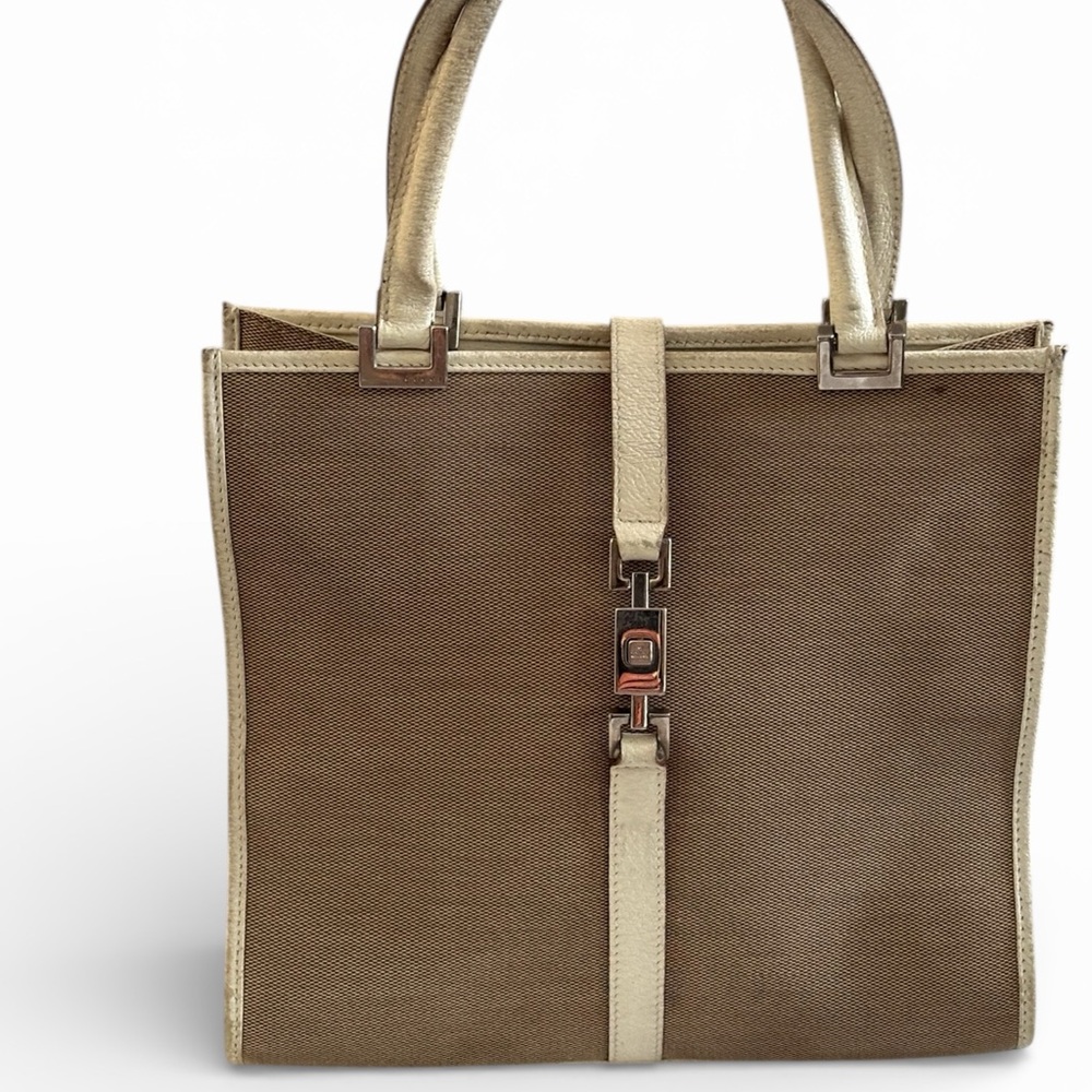 Vintage Gucci Jackie Canvas Tote with leather off white trim silver hard.